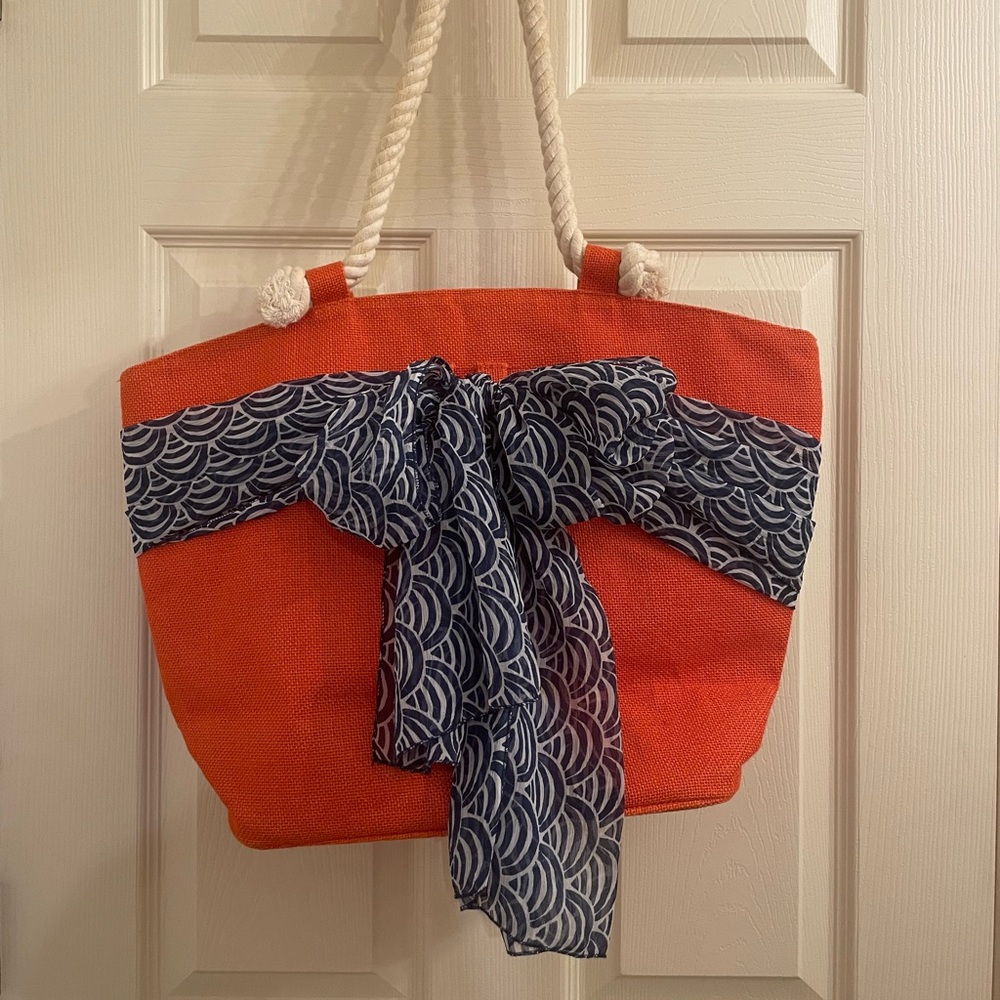 Mud Pie Orange Tote with Blue Tied Scarf Zip Pocket Inside - Picture 2 of 6